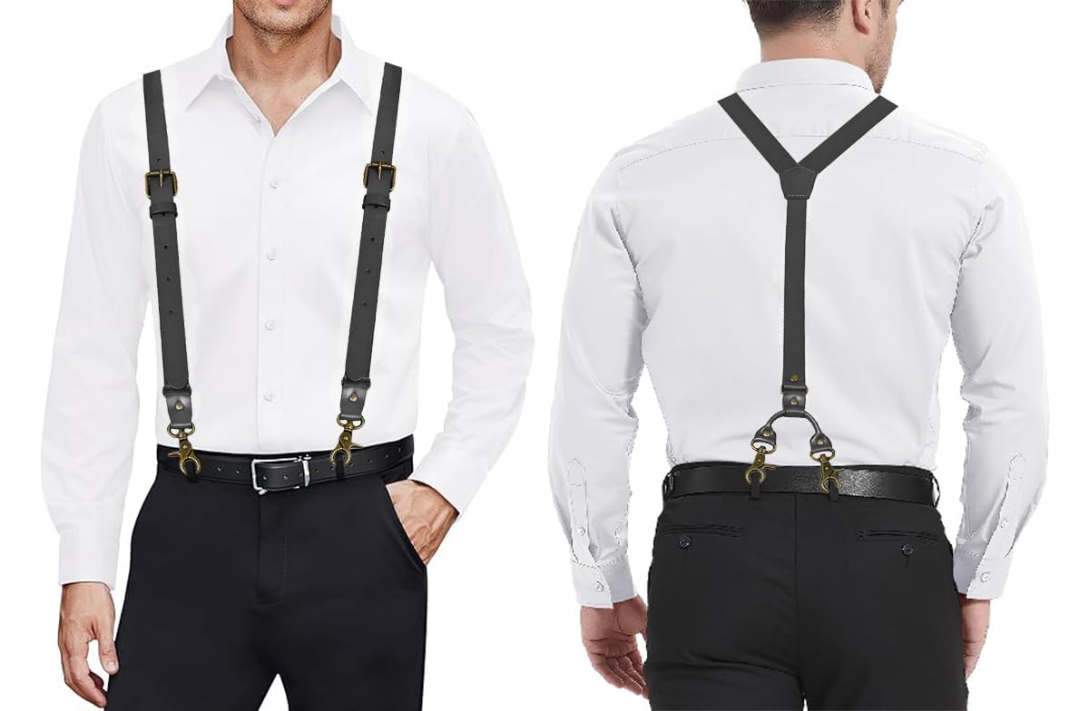 MUNION Leather Mens Suspenders Heavy Duty Y Design Adjustable with 4 Metal Snap Hooks Vintage Mens Suspenders Braces Big and Tall Groomsmen Gift for Wedding, Black