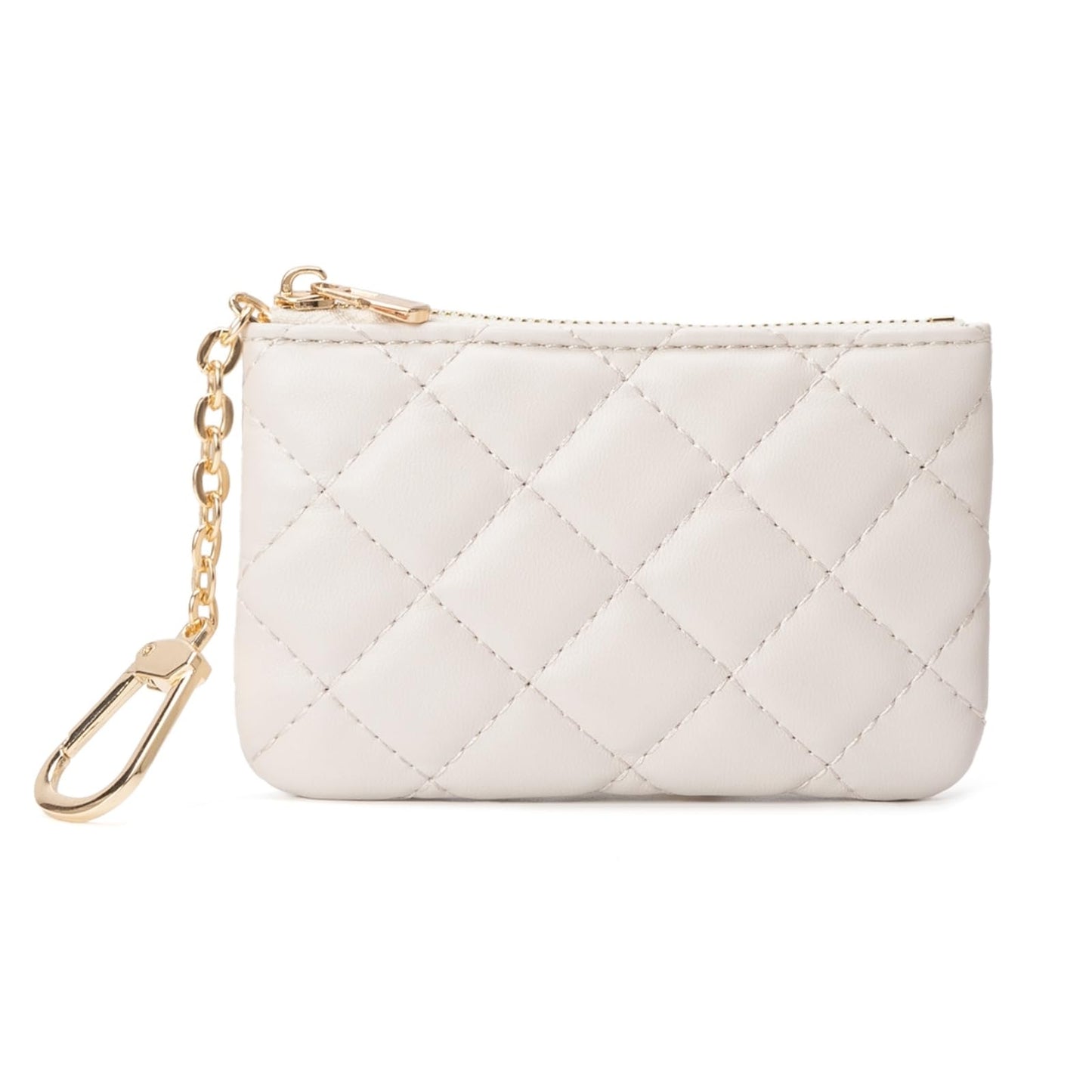 LARENNT Quilted Leather Coin Purse with Keychain - Small Coin Pouch Key Pouch Small Card Holder Keychain Wallet Change Purse for Women and Men (Creamy-white)