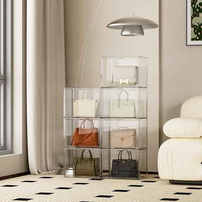 Purse Organizer for Closet, Clear Acrylic Display Case for Handbag Organizer, Stackable Purse Storage Box with Magnetic Door, Plastic Holder Containers for Book, Collectibles, Cosmetic 3 Pack
