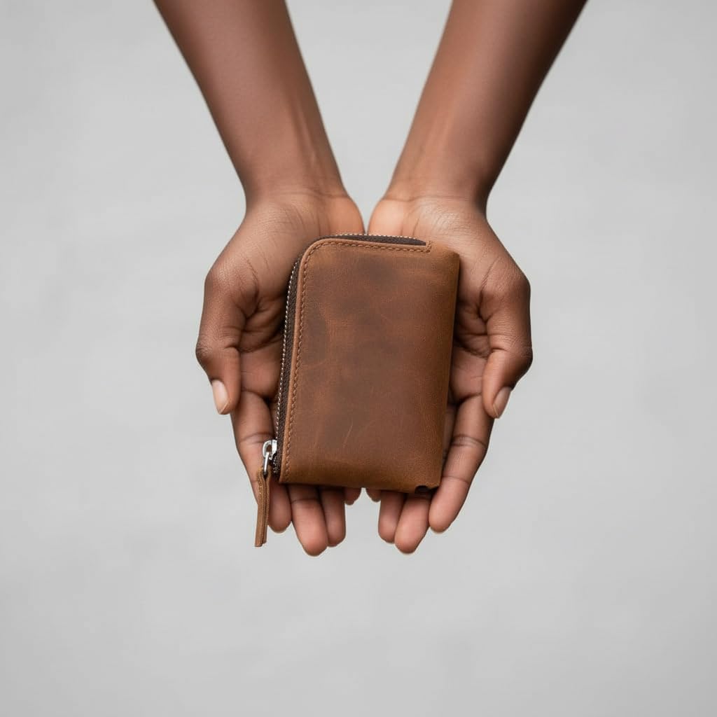 TORAKIP Small Leather Wallet with Zipper – Compact Genuine Leather Coin Pouch for Men & Women, Slim Minimalist Zip Wallet for Cash & Cards, Handmade Pocket Wallet, Warm Brown