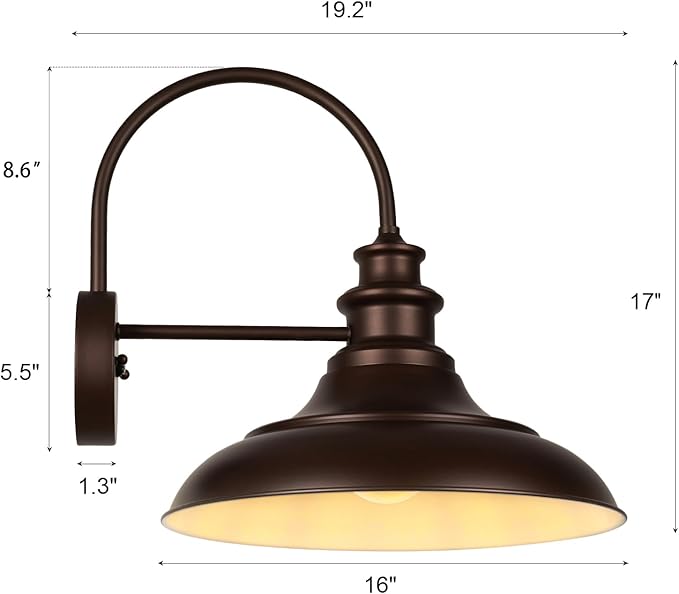 Dusk to Dawn Sensor Outdoor Barn Light Fixtures, 16 Inch Dome Farmhouse Outdoor Wall Sconces, Rustic Gooseneck Exterior Wall Mount Lights, Industrial Bronze White Wall Lanterns for Porch, 2 Pack