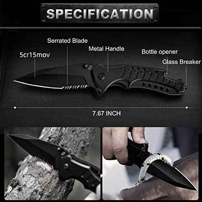 Pocket Knife for Men, Folding Knife with Clip, Tactical Knives with Serrated Blade, Glass Breaker & Bottle Opener, EDC Pocket Tactical Knife for Outdoor Survival Camping, Cool Knifes for Dad