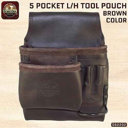Graintex OS2202 5 Pocket Left Handed Oil Tanned Leather Nail & Tool Pouch Dark Brown Color for Constructor/Electrician/Plumber