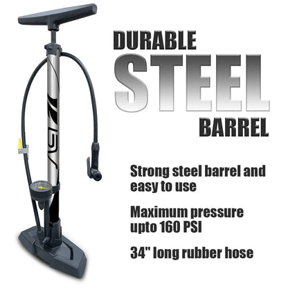 BV Bike Pump Out of Durable Steel - Bicycle Pump 160 PSI high Pressure, Bike Tire Pump 17/24 inch Smart Valve Head, Automatically Reversible Presta & Schrader, Ball Pump