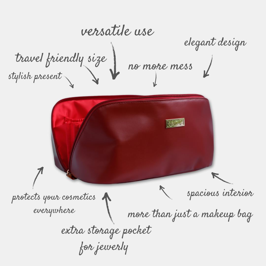 NAORI Travel Makeup Bag for Women | Large Luxury Cosmetic Organizer with Handle & Inner Pockets | Waterproof Faux LeatherToiletry Bag | Makeup Case for Home, Travel & Gifting (Classic Burgundy)