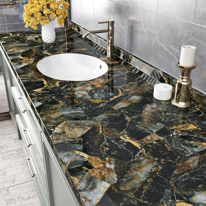 Glossy Black Gold Marble Contact Paper Peel and Stick for Countertops Black Marble Wallpaper Removable Countertop Contact Paper Waterproof for Kitchen Cabinets Backsplash Table 15.7"¡¿78.7"