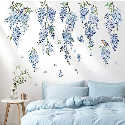 decalmile Hanging Flower Vine Wall Decal Blue Wisteria Floral Vines Wall Stickers Living Room Bedroom Sofa TV Background Wall Decor