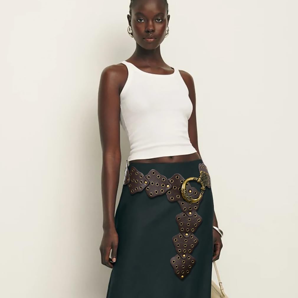 HIQUACC Wide Disc Belt for Women Vintage Leather Hollow Leaf Belt Western Waist Belt (Leaf Brown XL)