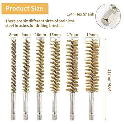 Uenhoy 6 Pieces Brass Bore Brushes in Different Sizes, Brass Bristles Wire Cleaning Brush for Power Drill Impact Driver, with 1/4 Inch Hex Shank, 4 Inch in Length (8/10/12/15/17/19mm)