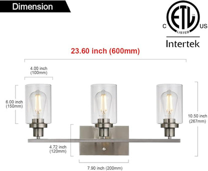 MELUCEE 3 Lights Wall Sconce Brushed Nickel Finished Modern Bathroom Vanity Light Fixtures with Clear Glass Shade Suit for Porch Bedroom Foyer Kitchen (Patent No.: US D963914 S)