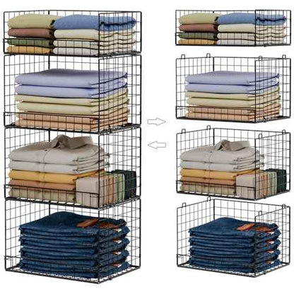 4 Tier Stackable Closet Organizers and Storage Shelves, Foldable Closet Shelf Organizer System, Stackable Storage Bins Drawers for Clothes Organizer System, Black(Patent Pending)