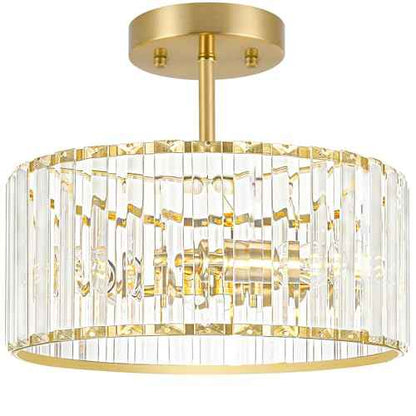 Modern Crystal Ceiling Light, Brushed Gold Semi Flush Mount Ceiling Lighting Fixture, Brass Hallway Light Fixtures Chandelier for Kitchen, Bedroom Dining Room Hallway Closet, 3-Light, 12 Inch