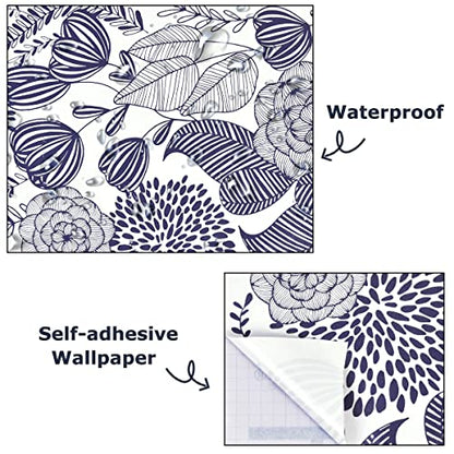 GaliGali Peel and Stick Wallpaper, Blue Floral Wall Paper, Modern Self-Adhesive Wallpaper Peel and Stick Removable Vinyl Waterproof Contact Paper for Home Decor, 17.3" x118", No.5197-3