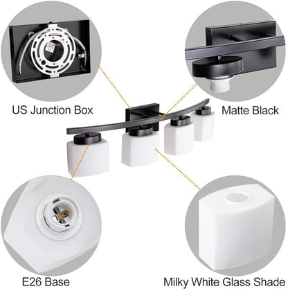 4-Light Matte Black Vanity Light Fixture with White Glass Shade for Bathroom Over Mirror, 31.5 Inches
