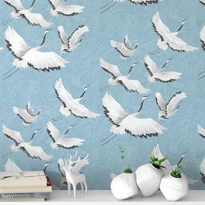 Peel and Stick Wallpaper for Home Decoration Kitchen White Crane Blue Wallpaper Removable Vinyl Self Adhesive Shelf Paper & Drawer Liner Roll House, Workshop & Office 17.3" x 79" TH8096-2