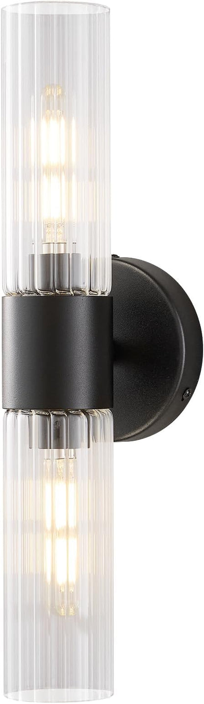 Bathroom Light Fixtures 2-Light, Modern Vanity Light for Bathroom, Wall Sconce, Bath Light with Glass Rods Shades for Mirror Bedroom Hallway (Black)