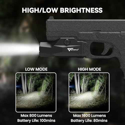 VOTATU HT20 Pistol Light, 1600 Lumens Adjustable Rail Keys Tactical Flashlight, Fits Compact & Full Size Guns with GL Style and 1913 Picatinny Rail, Rechargeable LED Light