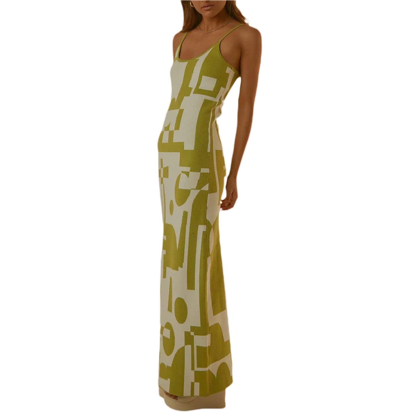 Fabumily Sexy Knit Bodycon Dress for Women Sleeveless Spaghetti Strap Cut Out Maxi Dress Backless Y2K Summer Beach Dresses (A- Green & White, S)