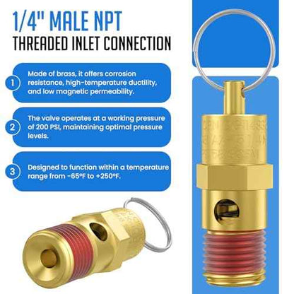 2 Pcs 1/4" NPT(M) 200 PSI Air Compressor Pressure Relief Valve, Brass Safety Valve for Air Compressor (Tank Pop Off)