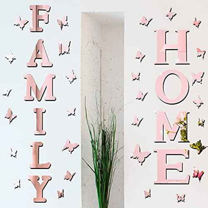 Outus 3D Family Home Sign Letters Living Room Decor Family Rustic Farmhouse Wall Decor Acrylic Mirror Decorative Butterfly Mirror Wall Sticker Decals for Living Room Bedroom Kitchen (Rose Gold)