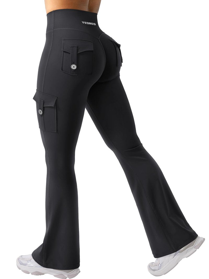 YEOREO CoreFlex Women Workout Flare Leggings with Pockets Hidden Scrunch High Waisted Cargo Gym Yoga No Front Seam Leggings Black XXL