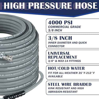 Hourleey Pressure Washer Hose 50FT, Kink Resistant High Tensile Wire Power Washer Hose, Rubber Wire Braided with 3/8" Quick Connect for Hot/Cold Water, 4000 PSI, Gray