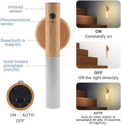 LANDGOO LED Automatic Motion Sensor Lights Wall Lamps Set of 2 Sconces Battery Operated Rechargeable Portable Magnetic 360° Rotation Cordless for Bedroom Bedside (White Ash Wood 2pcs)