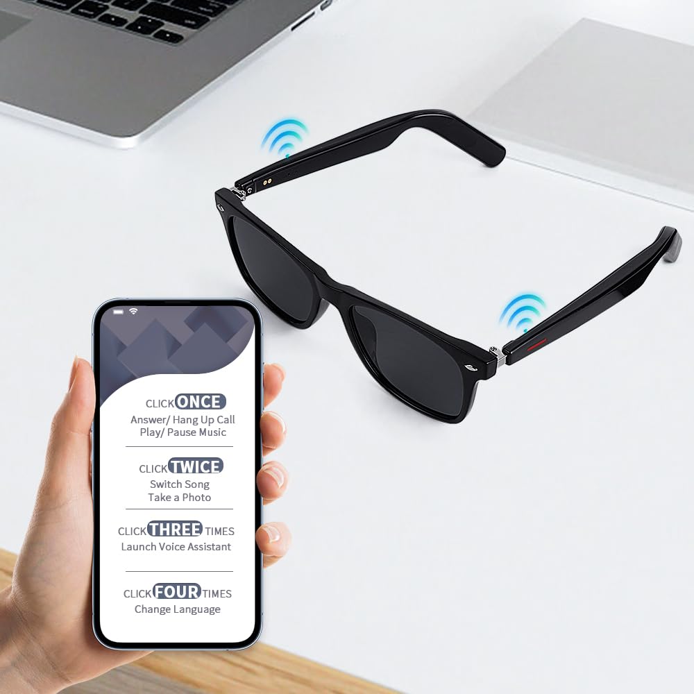 Smart Sunglasses Glasses for Men Women with AAC Speaker Open Ear Music Touch Buttons Remote Photo Voice Assistant Hand-free Calling, Unisex Audio Intelligent Bluetooth 5.0, Great Gift for Friends