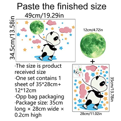 Glow in The Dark Panda Wall Stickers,38 Pcs Fluorescence Animal Star Moon Cloud Decals Girls Baby Kids Bedroom Nursery Classroom Luminous Wall Decorations