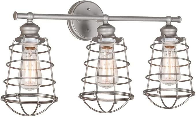 Design House 519728 Ajax Industrial Modern 3-Light Indoor Bathroom Vanity Light with Metal Wire Cage Over the Mirror, Galvanized Steel