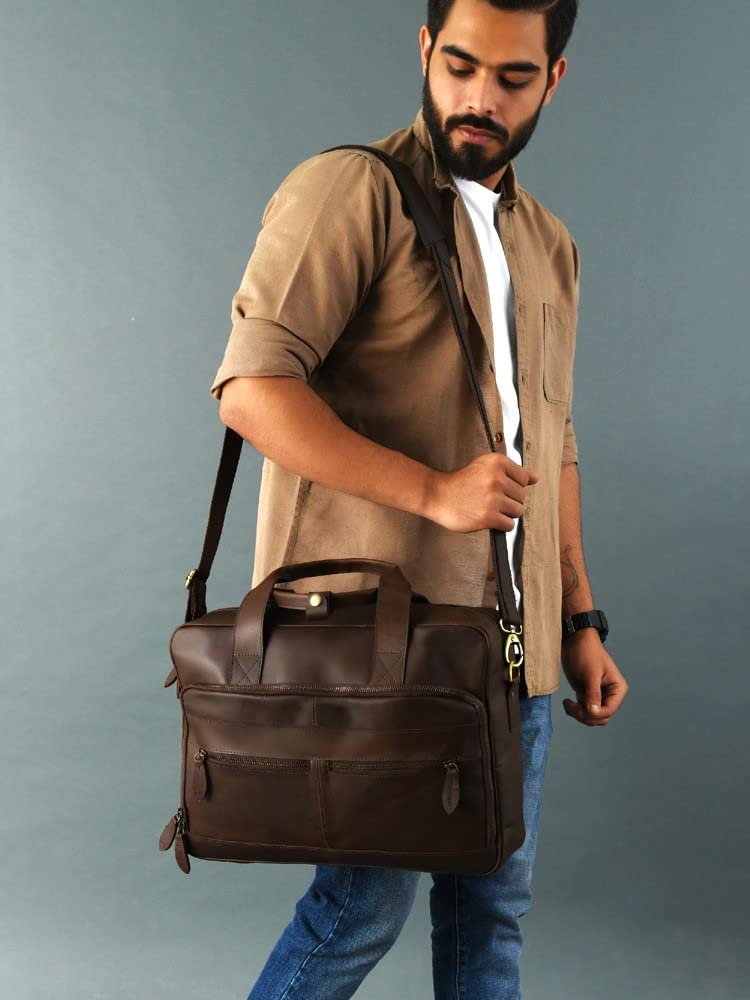 Gratlin Full Grain Buffalo Leather Briefcase For Men | Handcrafted Genuine Leather Messenger Bag for Men & Women | Brown Leather Laptop Bag for Men | Best Leather Bag Satchel Computer Case in 16 Inch