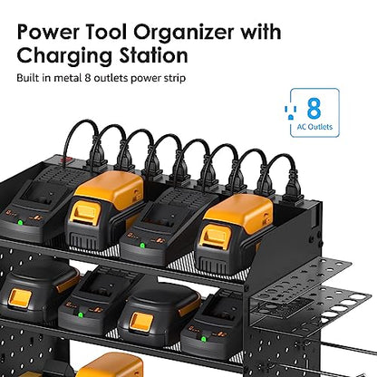 CCCEI Modular Pegboard Rack Power Tool Organizer with Charging Station. 4 Layer Wall Mount Drill Holder, Mechanic Tool Battery Charger Organizer. Garage Shop Storage Utility Shelf with Power Strip.