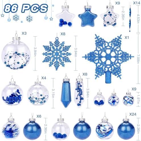 SHareconn 86PCS Christmas Balls Ornaments Set,Shatterproof Plastic Clear Decorative Baubles for Xmas Tree Decor Holiday Wedding Party Decoration, Blue