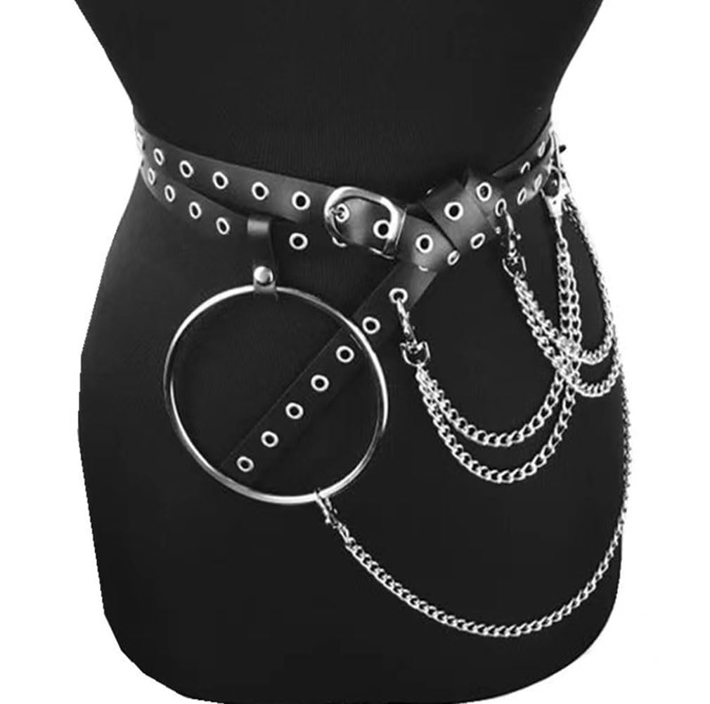 HUI GUO Women's Gothic Body Chain Belt Leather Punk Waist Belt with O-ring Metal Chain Tassel Adjustable Buckles(Black3), One Size