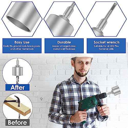 SDS Plus T-Post Ground Rod Driver,Ground Rod Driver Tool, Heavy Duty Forged Steel Drill Bit Driver, Durable Hammer Drill Rod Converter for Rotary Hammer Drill Ground Rods (2.55inch)