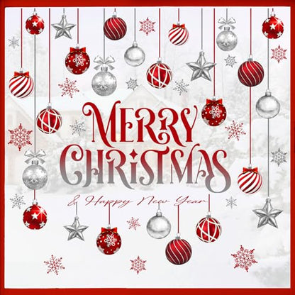 Mfault Merry Christmas Balls Window Clings 4 Sheets, Happy New Year Xmas Snowflake Stars Stickers Decals Decorations, Winter Holiday Home Kitchen Decor