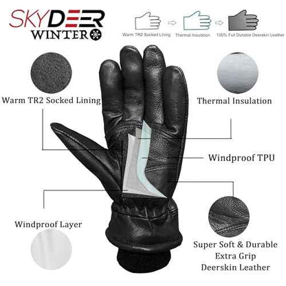SKYDEER 100% Full Grain Deerskin Leather Winter Gloves for Men, Warm Work Gloves, Thermal Insulated Truck Driving Gloves