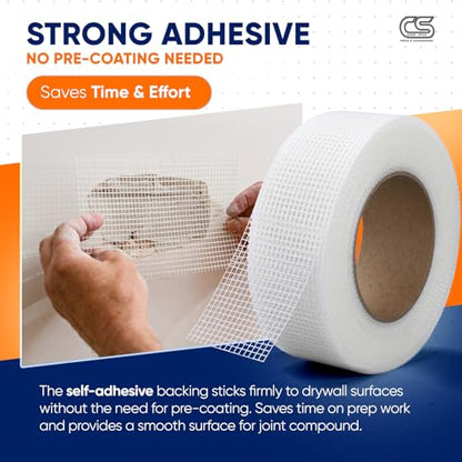 CLEAR STYLE Self-Adhesive Fiberglass Drywall Joint Mesh Tape 150Ft x 2 Inch, Crack-Resistant, Strong Fiberglass Joint Tape for Seamless Drywall Repairs (5 Pack White)