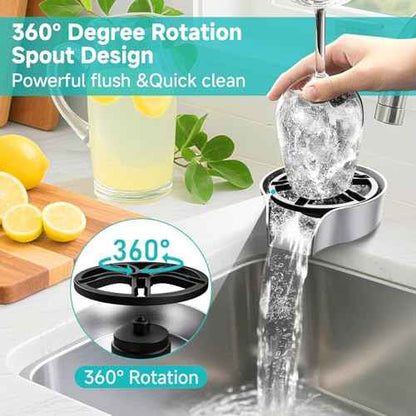 Glass Rinser for Kitchen Sink, High Pressure 360 Degree Rotating Spout Glass Rinser with Pull-out Spray Gun Design, Glass Cup Cleaner Sink Attachment Washer Baby Bottle, Glass Cup, Wine Glass (Silver)