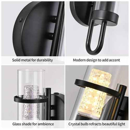 Battery Operated Wall Sconce Set of 2, Rechargeable Wireless Wall Lights with Remote, Dimmable Black Sconces with Clear Glass Shade for Bedroom Living Room Hallway, 3000K Crystal Bulb Included