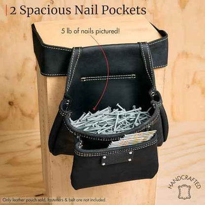 FESA 2 Pocket Nail Pouch for Tool Belts - Leather Screw Pouch with 2 Extra Large Pockets for Fasteners - Heavy Duty Rivets & Stitching - Fits Tool Belts up to 3" - Handcrafted