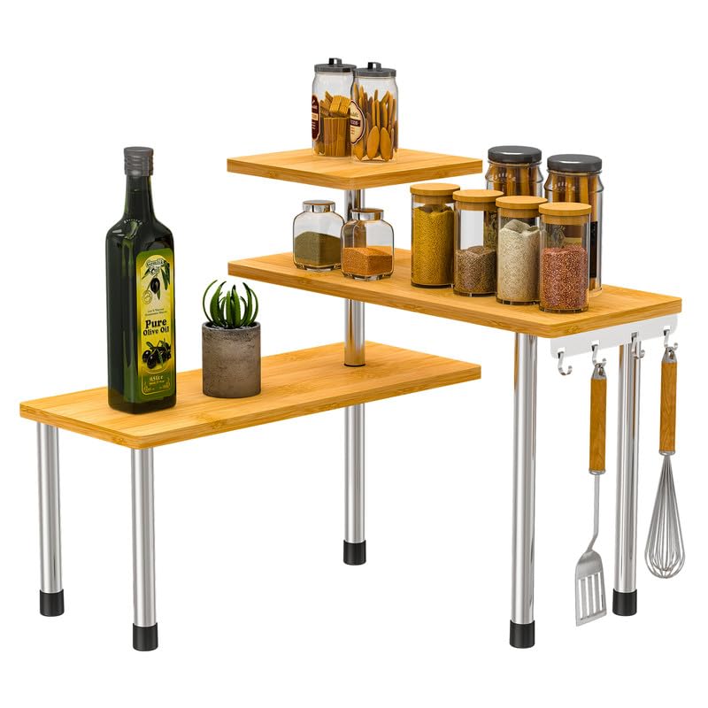 ZHWS Kitchen Countertop Organizer Spice Rack for Salt, Bathroom Counter Organizer Over Sink for Makeup, Skincare, Adjustable 3-Tier Corner Counter Shelf with 4 Hooks for Coffee Bar Dresser Table