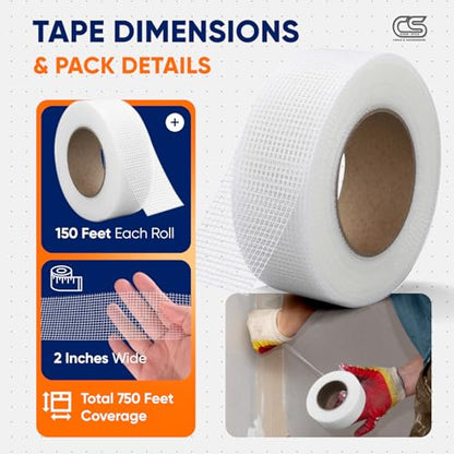CLEAR STYLE Self-Adhesive Fiberglass Drywall Joint Mesh Tape 150Ft x 2 Inch, Crack-Resistant, Strong Fiberglass Joint Tape for Seamless Drywall Repairs (5 Pack White)