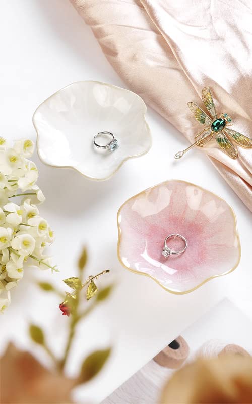 JAMEND CLXP Lotus Leaf Shape Decorative Ring Tray, Small Key Bowl, Ceramic Trinket Tray Jewelry Dish Organizing Necklace Earrings, Home Decoration for Mom Best Friend Sister, Pink.