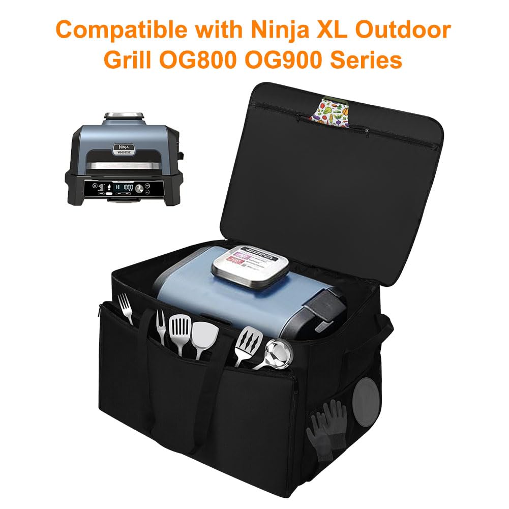 Ajyingasyo Grill Carry Bag Compatible with Ninja OG951 OG850 Woodfire Pro XL Outdoor Grill & Smoker, Heavy Duty Water Resistant Outdoor BBQ Grill Bag, with Multi-pockets and Padded Handle