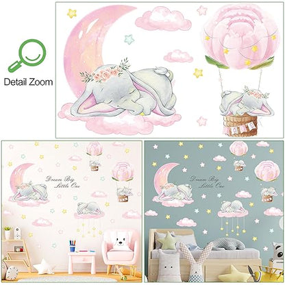 Removable 3D Cartoon Elephant Sleeping on the Moon and Cloud Wall Decor Sweet Dream Princess Little Girls Bedroom Wall Decal Hot Air Ballon Stars Wall Sticker for Baby Children Rooms Playroom Nursery