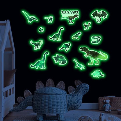 Glow in The Dark Dinosaurs Wall Decals, Glitter Dino Stickers for Boys Room, Luminous Stars Ceiling Decor for Bedroom Playroom Nursery