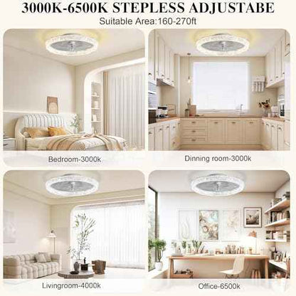 Ceiling Fans with Lights and Remote Fandelier - 20'' Flush Mount Low Profile Modern Ceiling Fans for Bedroom - Stepless Color Temperature and 6 Speeds, White Regular Crystal