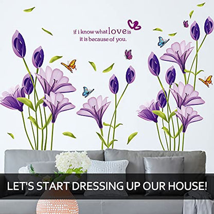 LiveGallery Beautiful Lovely Lily Flowers Wall Decals Removable DIY Butterfly Flower Vines Art Decor Wall Stickers Murals for Living Room TV Background Kids Gilrs Rooms Bedroom Decoration (Purple)