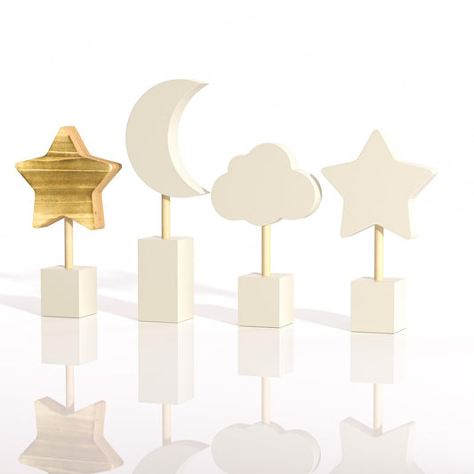 4 Pcs Wooden Moon and Stars Nursery Decor Boho Sky Cloud Nursery Shelf Decor Cute Children Baby Wall Decor for Nurseries Bedroom Kindergarten Classroom Playroom